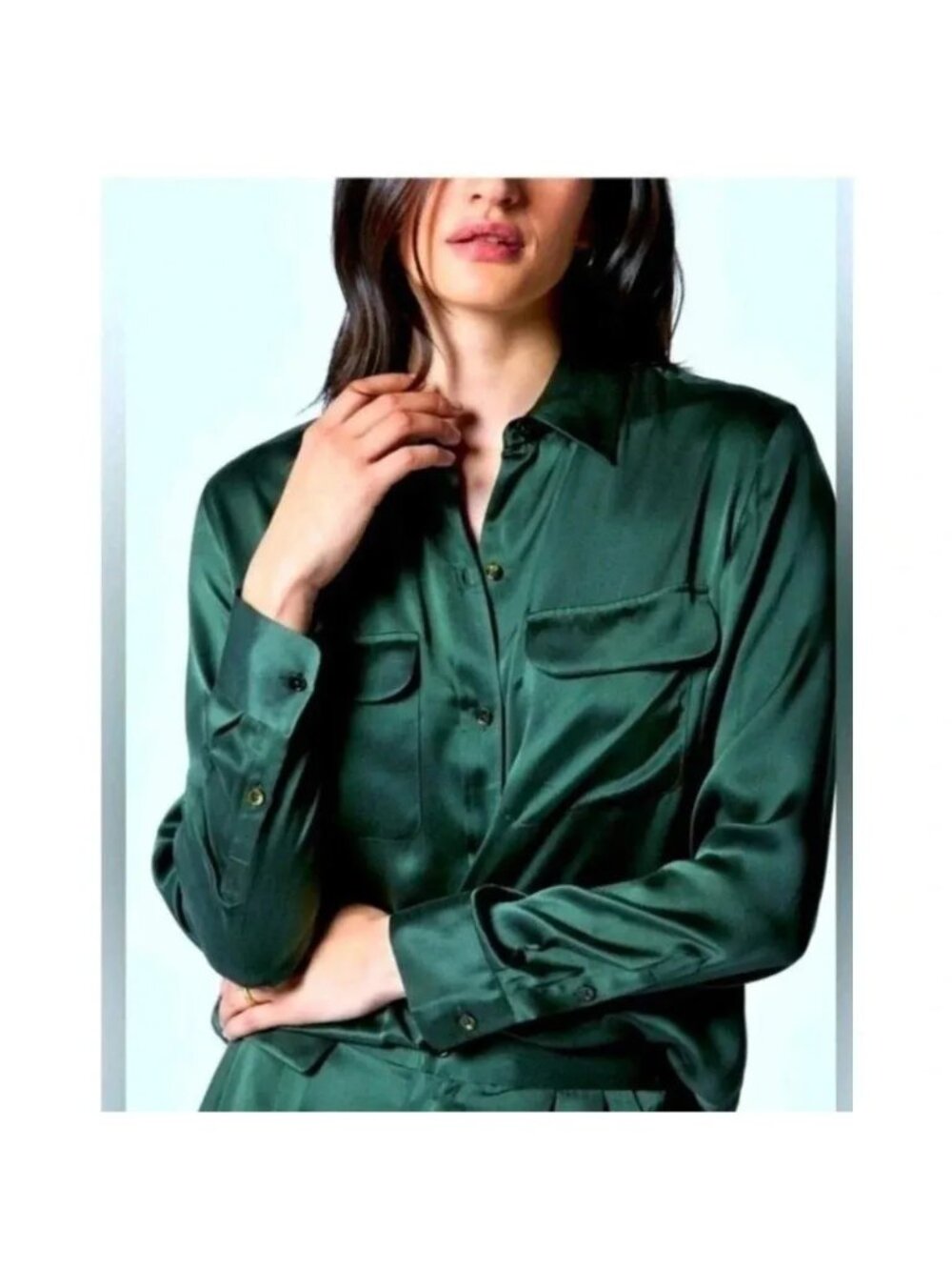 Equipment Green Satin Button Down Blouse, Size Large